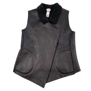 French Connection Vest Womens XS Black Metallic Sheen Sherpa Lined Open Front‎